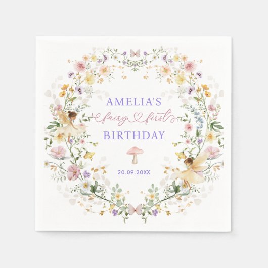 Soft Wildblume Fairy Erster Geburtstag Party Serviette (Vorderseite)