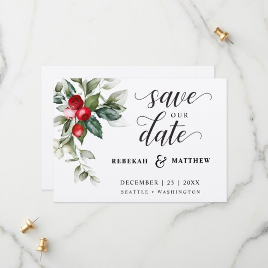 Soft Winter Berry Christmas Save The Date (Vorderseite/Rückseite Beispiel)