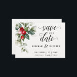 Soft Winter Berry Christmas Save The Date<br><div class="desc">Dieses zarte Aquarellbouquet hat traditionelle Weihnachtsfarben, Waldgrün, Olivgrün und Cranberry rot auf hellem Weiß. Die Worte Save the Date sind handschriftlich. Die Brautnamen und die Namen der Zeltpaare werden direkt unten aufgeführt, die übrigen Einzelheiten finden Sie direkt unten. Der gesamte Text kann bearbeitet werden, um den Bedürfnissen der Veranstaltung Anzug....</div>