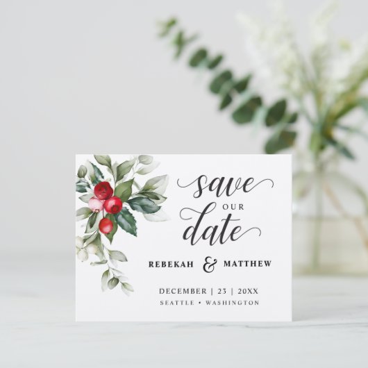 Soft Winter Berry Christmas Save The Date (Stehend Vorderseite)