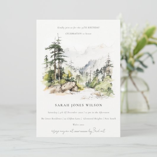 Soft Woods Mountain Landscape Sketch Birthday Einladung (Stehend Vorderseite)