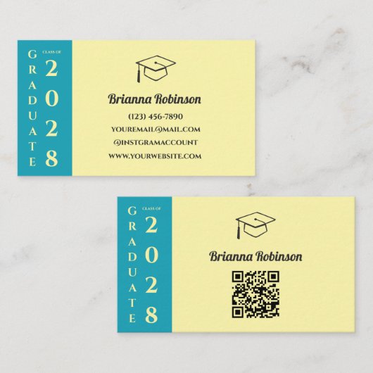 Soft Yellow Modern Graduation QR Code Name Card Telefonnummerkarte (Vorne/Hinten)