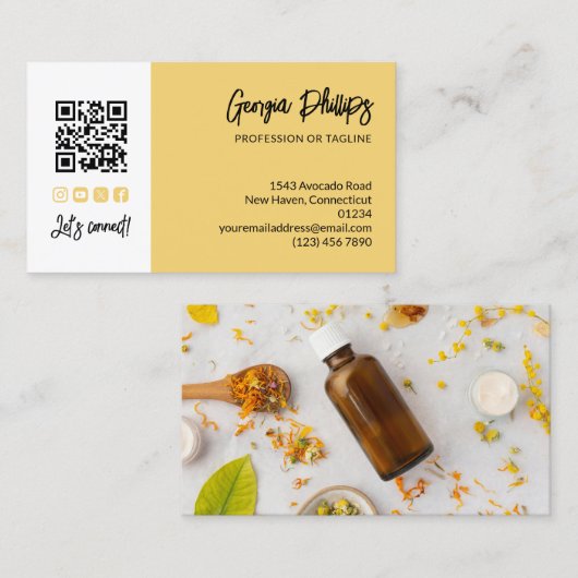Soft Yellow QR Code Photo Socialmedia Brush Script Visitenkarte (Vorne/Hinten)