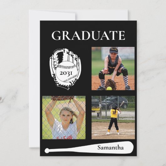 Softball 3 Photo Black Graduation Flat Card (Vorderseite)