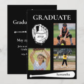 Softball 3 Photo Black Graduation Flat Card (Vorne/Hinten)