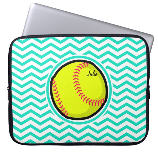 Softball; Aqua Green Zickzack Laptopschutzhülle (Vorderseite)