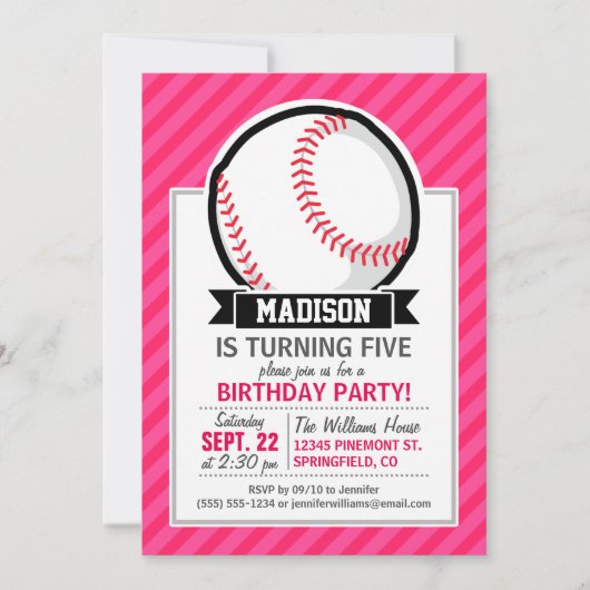 Softball auf rosa Streifen Einladung (Vorderseite)
