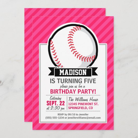 Softball auf rosa Streifen Einladung (Vorne/Hinten)