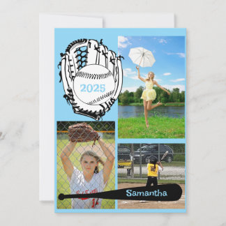 Softball/Baseball 3 Foto Light Blue Abschluss Einladung