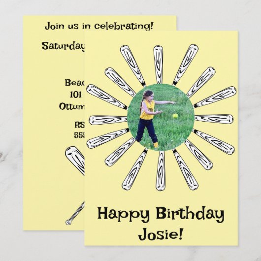 Softball Bat Blume Happy Geburtstag Einladung (Vorne/Hinten)