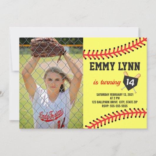 Softball Birthday Foto Einladung (Vorderseite)