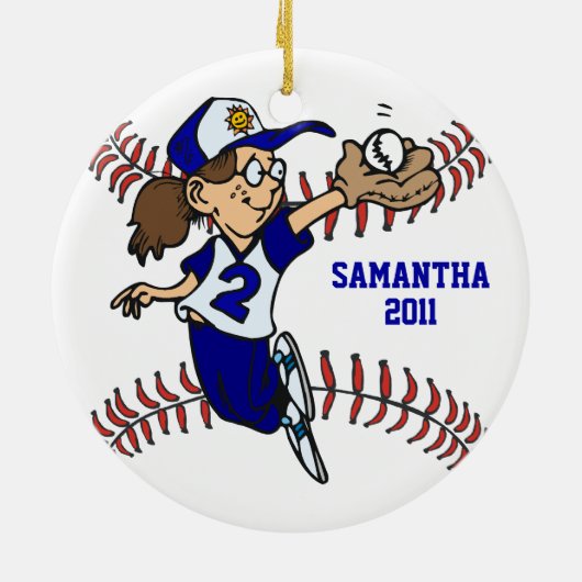 Softball Blau und Weiß Rahmen Keramik Ornament (Hinten)