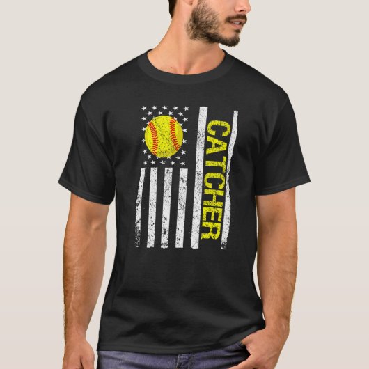 Softball Catcher American USA Flag T-Shirt (Vorderseite)