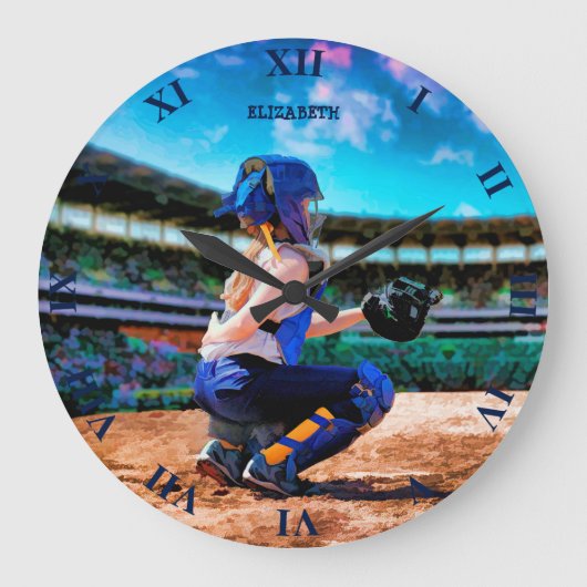 Softball-Catcher und Stadionmalerei Große Wanduhr (Vorderseite)