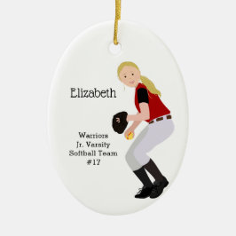 Softball Female Blonde Red & Black Keramik Ornament
