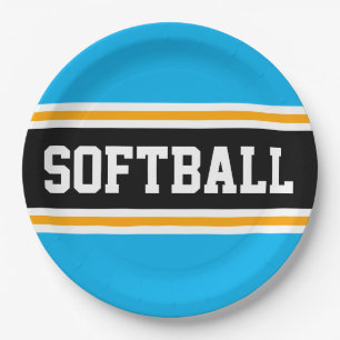 SOFTBALL Fun Bright Sky Blue Black Yellow Stripes Pappteller
