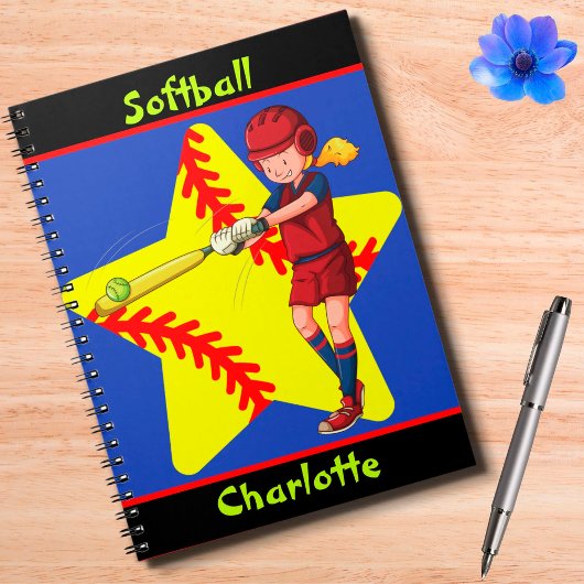 Softball Girls Star Batter Swing Personalisiert Notizblock