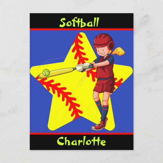 Softball Girls Star Batter Swing Personalisiert Postkarte (Vorderseite)