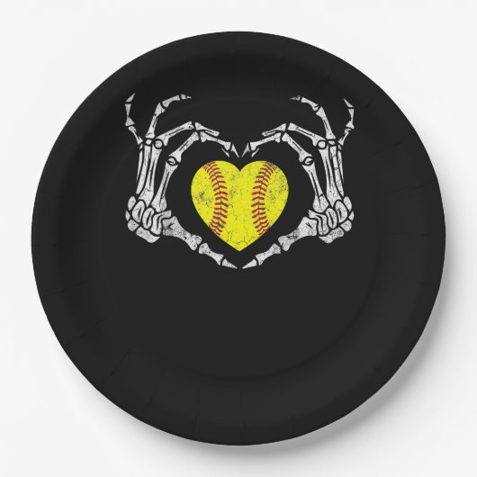 Softball Heart Skeleton Hand Halloween Kostümspass Pappteller (Vorderseite)