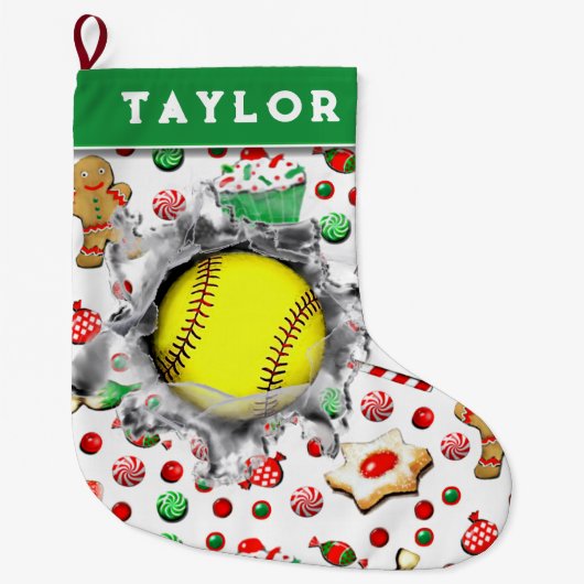 Softball Holiday Geschenke Großer Weihnachtsstrumpf (Vorderseite)