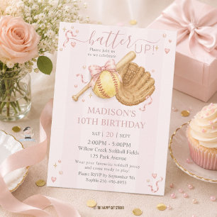 Softball Mädchen Rosa Schleife Koketter Geburtstag Einladung