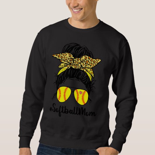 Softball Mama Leben mit Leopard und Messy Bun Play Sweatshirt (Vorderseite)