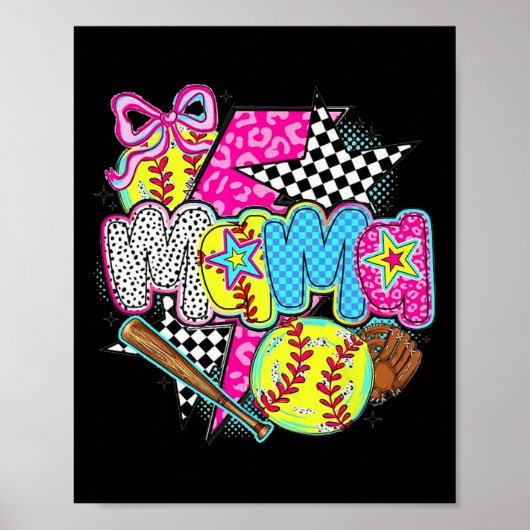 Softball-Mama-Spieltag-Leopard-Karo-Mama-Retro Poster (Vorne)