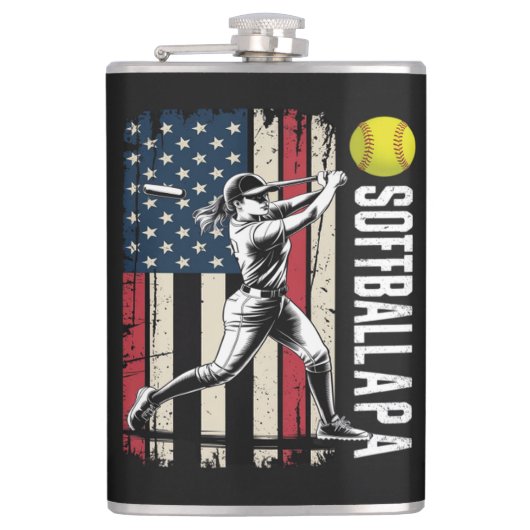 Softball Papa Amerikanische US-Flagge Flachmann (Vorderseite)