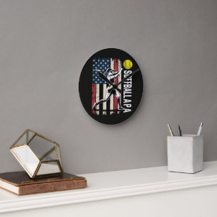 Softball Papa Amerikanische US-Flagge Runde Wanduhr