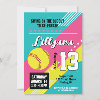 Softball Pink Aquamarin Gelbe Geburtstagsparty, je Einladung