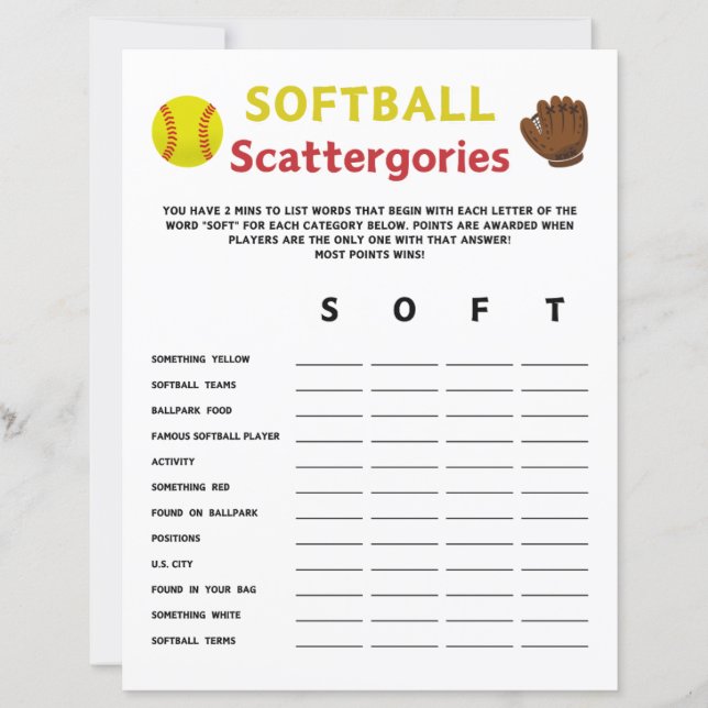 Softball Scattergories Game (Vorderseite)