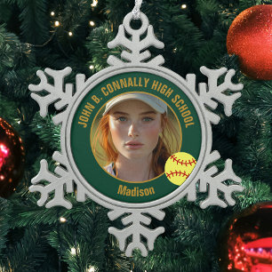 Softball-Spielerin-Foto High School Green Gold Schneeflocken Zinn-Ornament