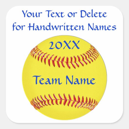 Softball-Sticker 3 Textfelder oder Löschen Quadratischer Aufkleber (Vorderseite)