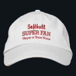 Softball Super Fan Custom Sport Team Name Bestickte Kappe<br><div class="desc">Unterstützen Sie Ihr Lieblings-Softball-Team oder Spieler mit diesem SUPER FAN Cap. Fügen Sie Ihren High School-, Jugend-, Club-, Uni- oder Spielernamen hinzu, um einen einmaligen Hut zu erstellen. (Sie können dies auch auf andere Sportarten umstellen.) Ändern Sie einfach den Text und die Farbe, um den Farben Ihres Teams zu entsprechen....</div>