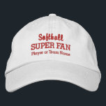 Softball Super Fan Custom Sport Team Name Bestickte Kappe<br><div class="desc">Unterstützen Sie Ihr Lieblings-Softball-Team oder Spieler mit diesem SUPER FAN Cap. Fügen Sie Ihren High School-, Jugend-, Club-, Uni- oder Spielernamen hinzu, um einen einmaligen Hut zu erstellen. (Sie können dies auch auf andere Sportarten umstellen.) Ändern Sie einfach den Text und die Farbe, um den Farben Ihres Teams zu entsprechen....</div>