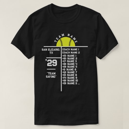 Softball Team Roster Custom Player Names & Coach T-Shirt (Design vorne)