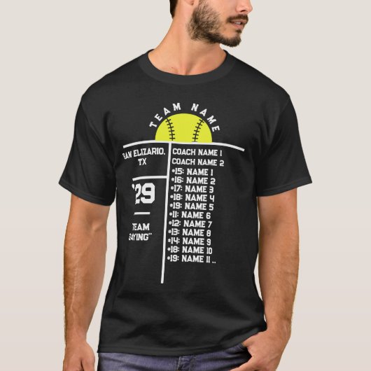 Softball Team Roster Custom Player Names & Coach T-Shirt (Vorderseite)