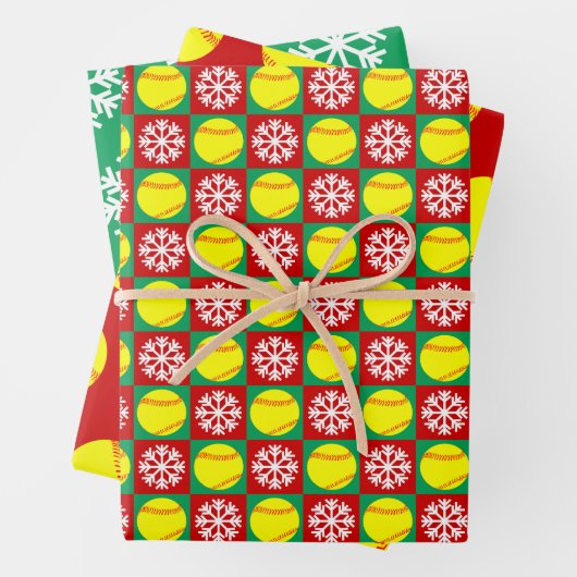 Softball und Snowflake Rot und Grün Geschenkpapier Set (Beispiel)