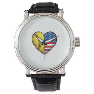 Softball USA-Flagge Herz Vintage-Vektordesign_1 Armbanduhr