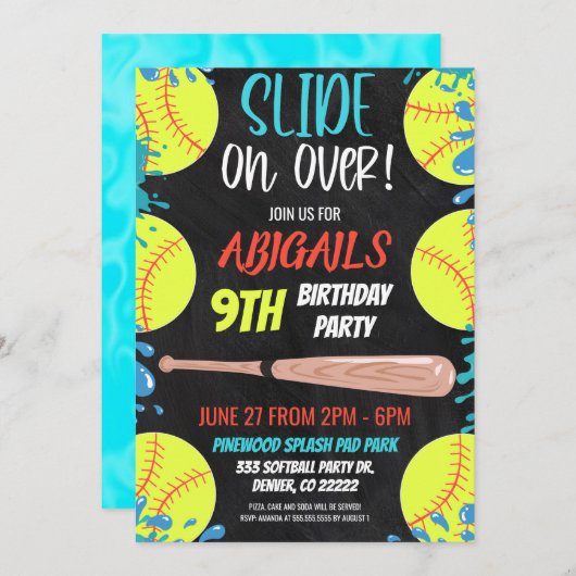 Softball Waterslide Geburtstagsparty Einladung (Vorne/Hinten)