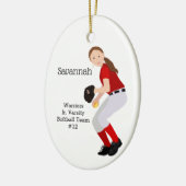 Softball Weibchen Brünett, rot und weiß Keramik Ornament (Links)