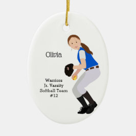 Softball Weiblich Brünett Blue & White Keramik Ornament