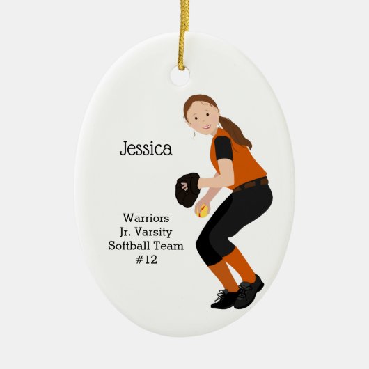 Softball Weiblich Brünett Orange & Black Keramik Ornament (Vorne)