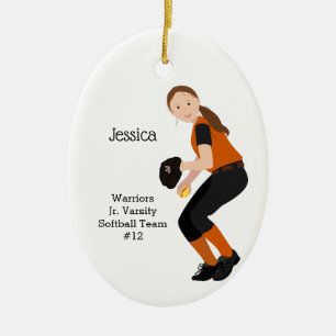 Softball Weiblich Brünett Orange und Schwarz Keramik Ornament