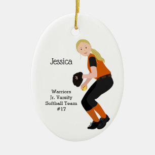 Softball Weibliche Blonde Black & Orange Keramik Ornament