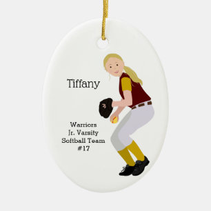 Softball Weibliche Blonde Burgund & Gold Keramik Ornament