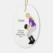 Softball Weibliche Blonde Lila & weiß Keramik Ornament (Links)