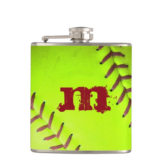 Softball Yellow Fast Pitch Monogram Whiskey Flask Flachmann (Vorderseite)