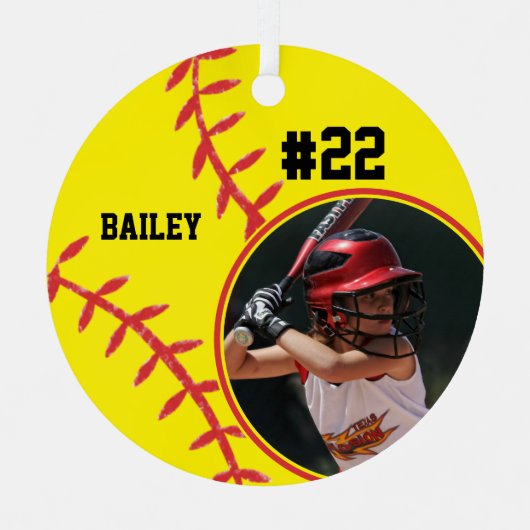 Softballname Jersey Nummer Foto Keepake Ornament Aus Metall (Vorderseite)