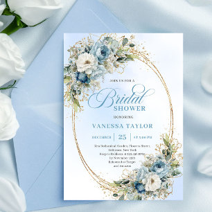 Softes Boho-Staubblau Florales Grünzeug Brautparty Einladung